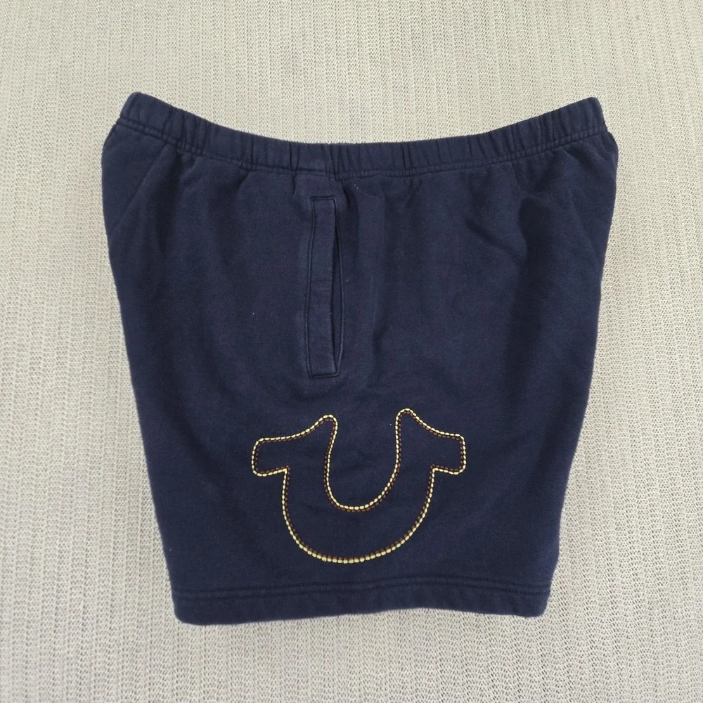 True Religion Shorts Mens XL Blue Fleece Sweat Drawstring Logo Casual Streetwear